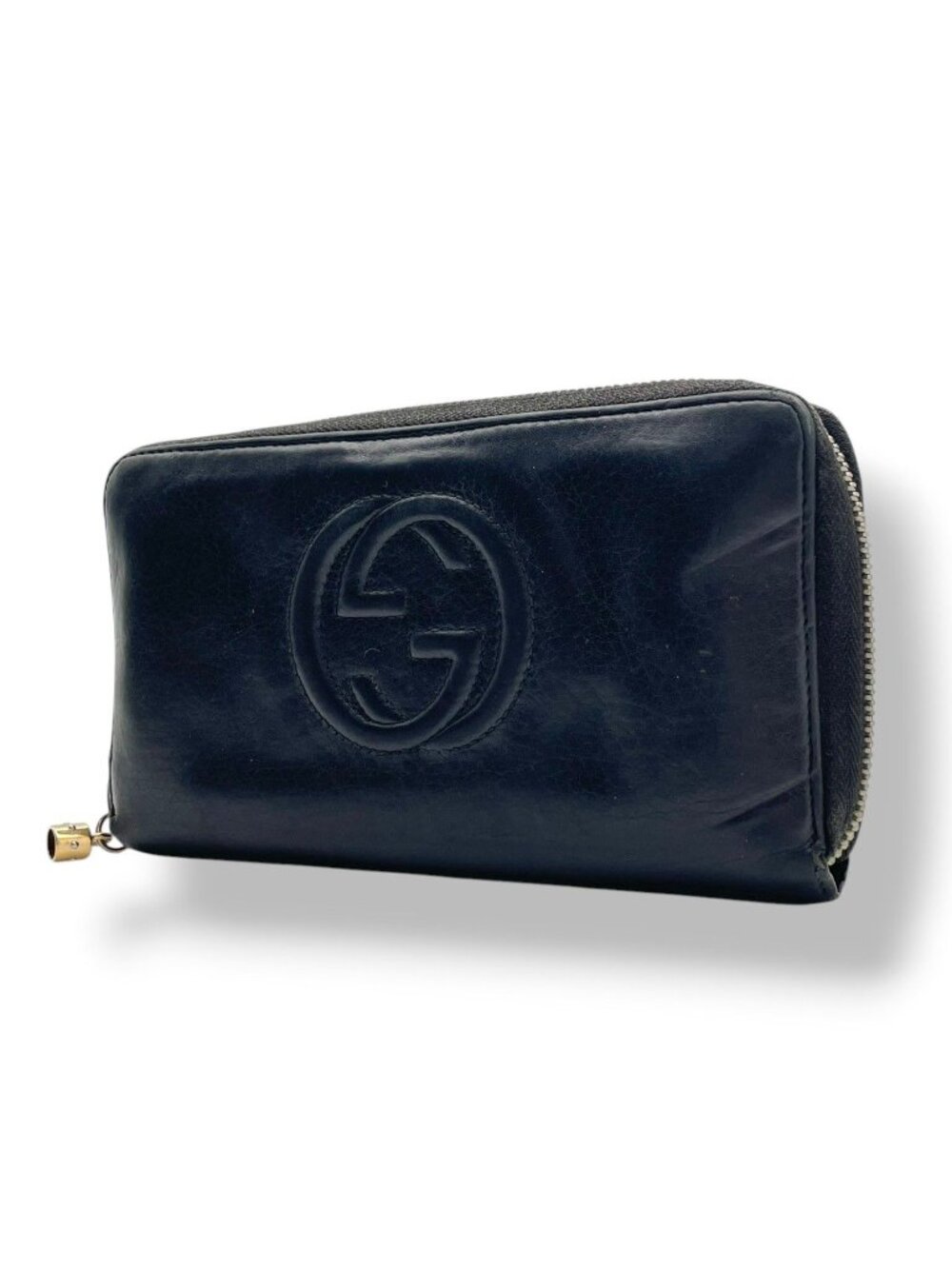 Gucci Soho Zip Around Wallet Billfold Coin Purse Leather Black Gold GG Logo